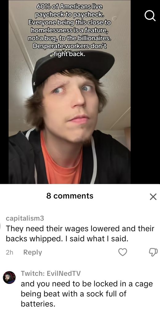Guy in a black hat with an orange shirt with a black hoodie. White text about Americans in poverty. White box below with text about supporting capitalism by using violence. And a reply with violence in return.