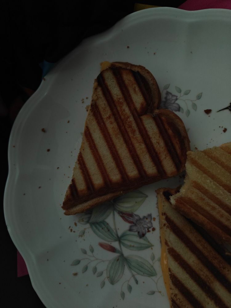 A white floral plate with a grilled cheese in the shape of a heart