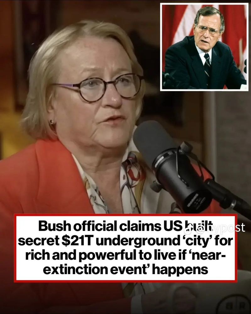 Older blonde woman in glasses with text below