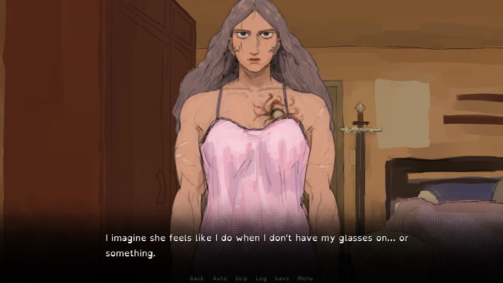 drawing of a buff woman in a night gown. the text says 'I imagine she feels like I do when I don't have my glasses on... or something.'