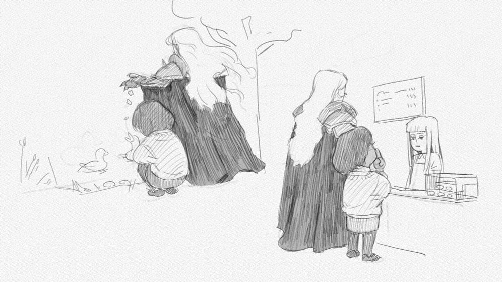 drawings of a woman in armor and a cape and also a regular girl feeding ducks at the pond and then getting coffee together