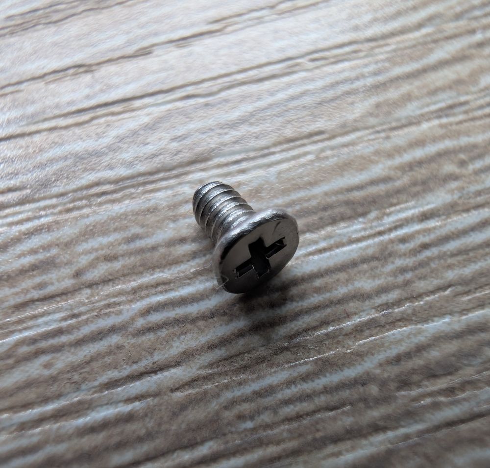 Close up photograph of a very, very tiny machine screw of the type commonly used in mechanical cameras. 