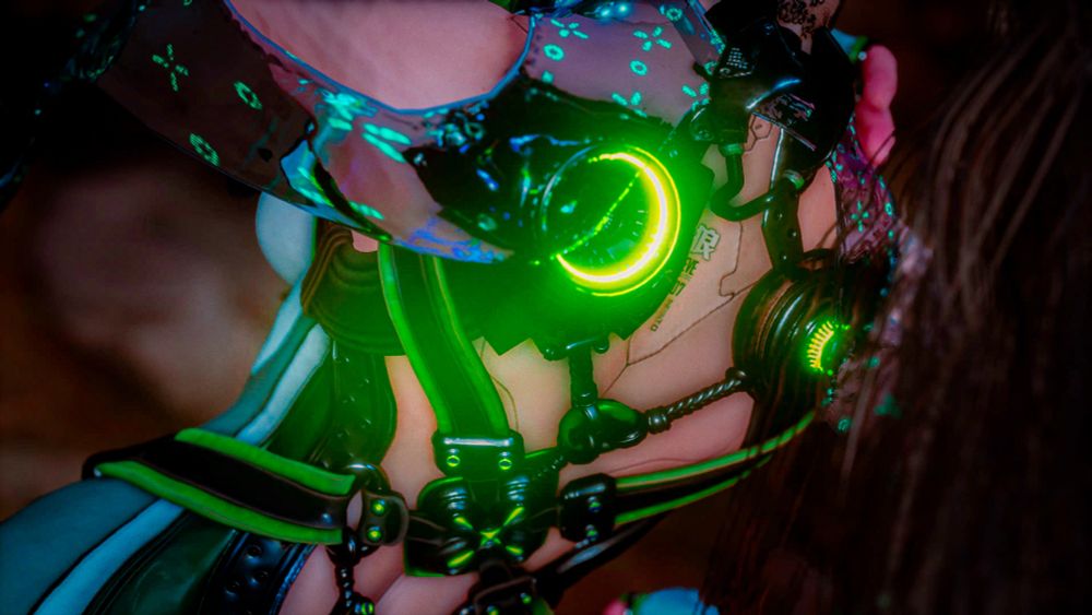 A screenshot from Stellar Blade. A close up of Eve's green Planet Diving Suit (7th). The focus is on her exospine and the gears, cables and textures on her back.