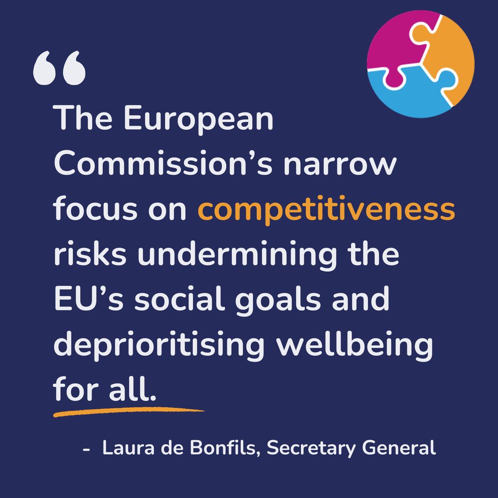 Dark blue background with Social Platform's logo in top right corner. Quote from Laura de Bonfils, Secretary General reads: The European Commission’s narrow focus on competitiveness risks undermining the EU’s social goals and deprioritising wellbeing for all. 