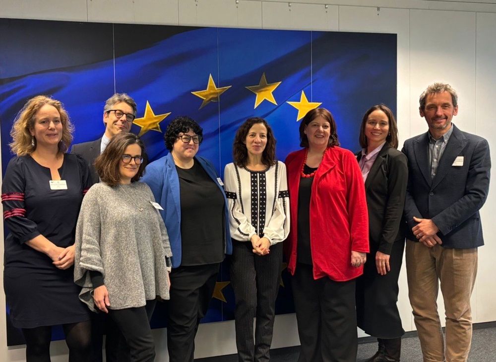 Formal group photo of participants and VP Minzatu standing in front of EU flag