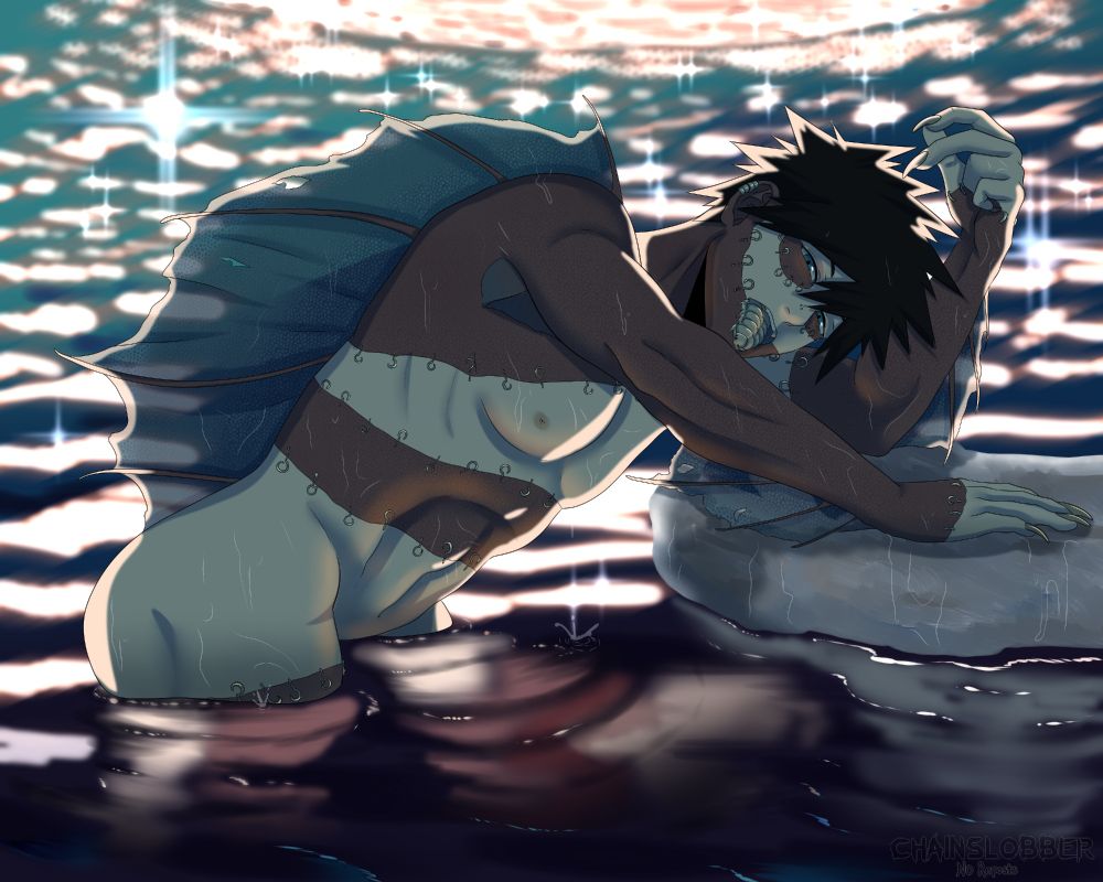 Fish-hybrid Dabi. In place of staples, his skin is hooked with fish hooks. he has a tongue-eating louse in his mouth. It is early sunrise and the light is reflecting off of his body.