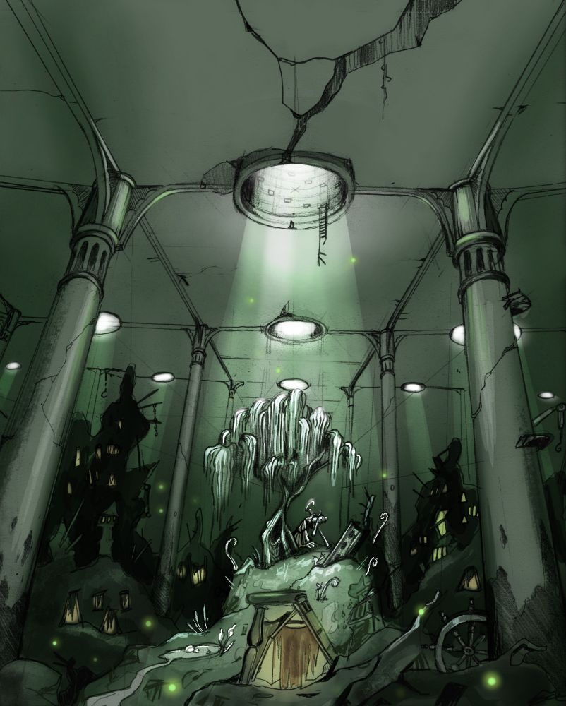 A massive underground chamber filled with trash , rotting food and scrap. Enormous columns stretch up to the ceiling. Giant perfectly round trash chutes let light in, the closest one shines down on a single willow tree that has managed to grow out of the filth. A humanoid creature sits under the tree with a shepherds hook. In the trash heap the tree sits on, he has build a ramshackle house. Orange light shines through the fabric flap door. In the distance, small orange lights from other homes dot the piles of rot.