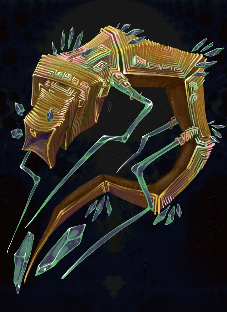 A caterpillar like creature made of golden bismuth coils with a subtle rainbowy sheen. The square shaped spirals of metal form armored plates along its back.  Angular icicle like arms sprout from it made of green crystal or glass. Its head is a tube formed from the spirals, empty and featureless. crystals float about its body like feathers 