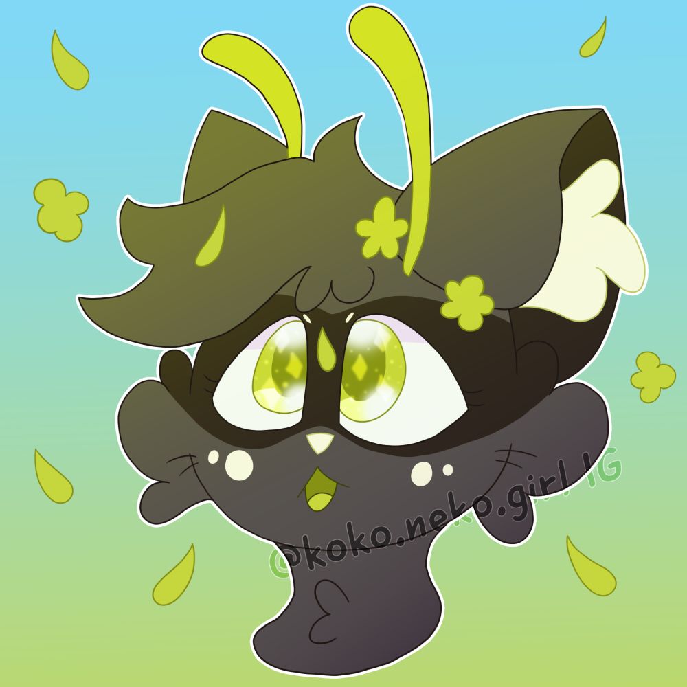 Headshot of a furry racoon-bug hybrid with falling green flowers