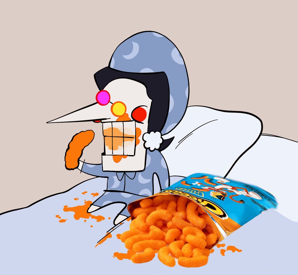 Spamton from Deltarune seen wearing light blue pajamas while eating puff Cheetos in bed. He has Cheeto dust covering his face and bed blankets.