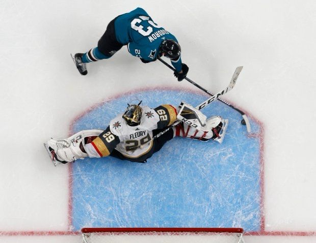 Overhead view of San Jose Shark Barclay Goodrow scoring a goal against the Vegas Golden Knights’ Marc-Andre Fleury. This was the game-winning goal in overtime of Game 7 of the 2019 first-round matchup between the two teams.