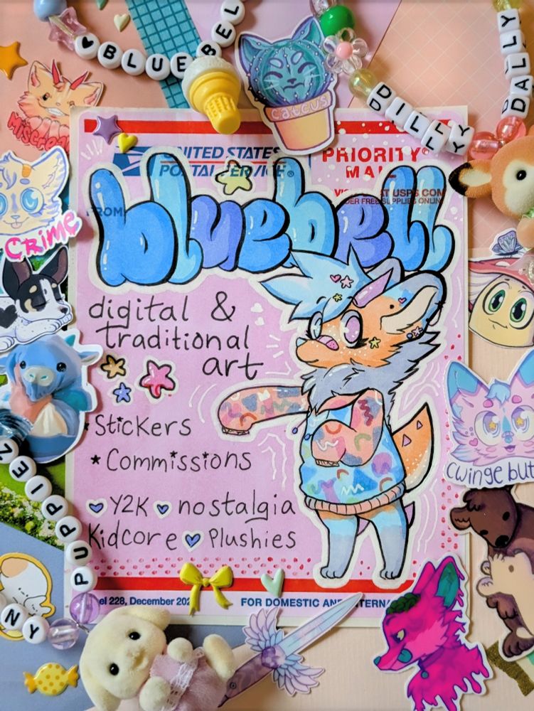 A photograph of a marker drawing on a USPS label. The drawing depicts a pastel-colored anthropomorphic wolf with horns and a dino tail wearing a sweatshirt resembling a pastel arcade floor. The heading on the label says, "Bluebell" and below in black marker it reads: "digital & traditional art. Stickers, commissions, Y2K, nostalgia, kidcore, plushies."
The label is photographed on a collage backdrop featuring a variety of handmade stickers and kandi.

#furry #furryart #commsopen #art #copic #alcoholmarkers #ohuhu #furrycommunity #sfw #anthro