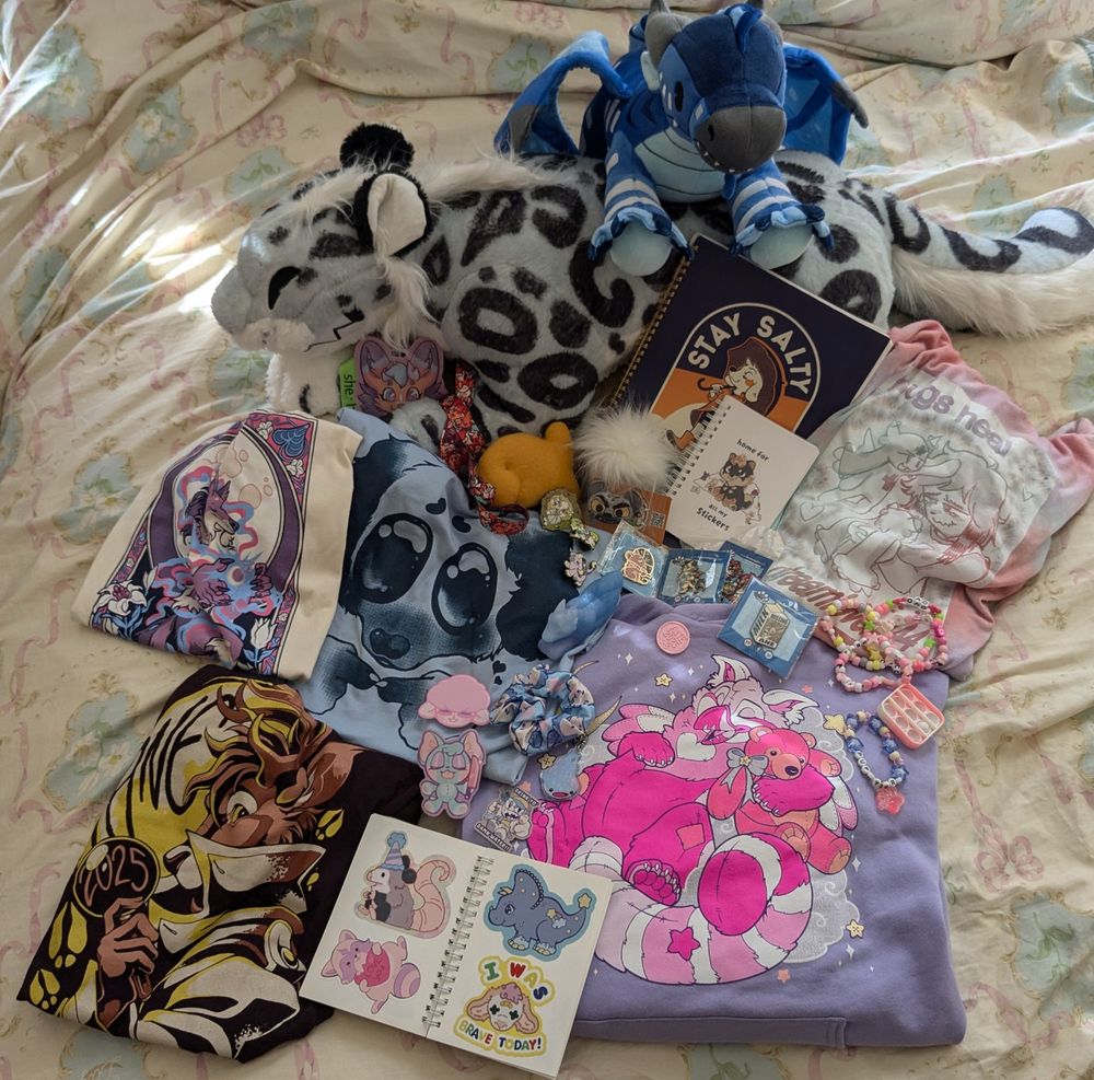 A collection of merch from various furry artists. #ANE #ANE2025 #anthro #furrycommunity