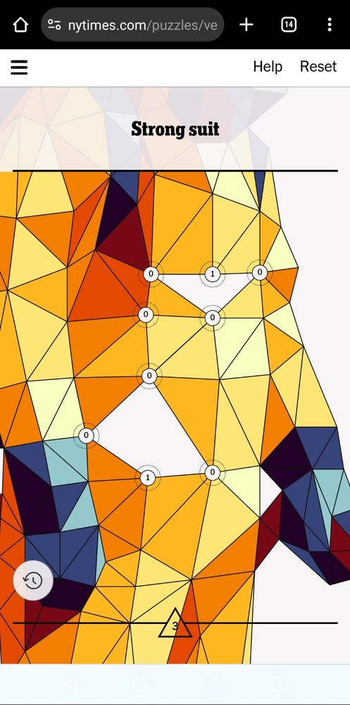 Image from a New York Times Vertex puzzle. An arrangement of brightly colored triangles indicating completed sections, but two spaces remain blank. Each blank section has a single node marked "1" indicating that it should be connected to another node with the value of 1 or greater. All other surrounding nodes are marked "0" so there is nothing to connect to and no way to complete the puzzle.