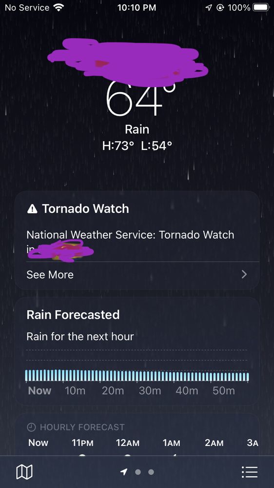The weather app displaying the following:
64°
Rain
Tornado Watch
National Weather Service: Tornado Watch in (censored)
See More
