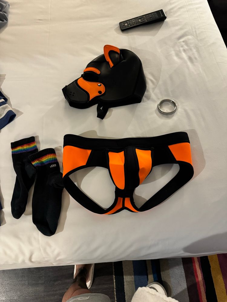 Orange pup mask laying on the bed with a pair of orange and black jockstraps next to black rainbow socks.  