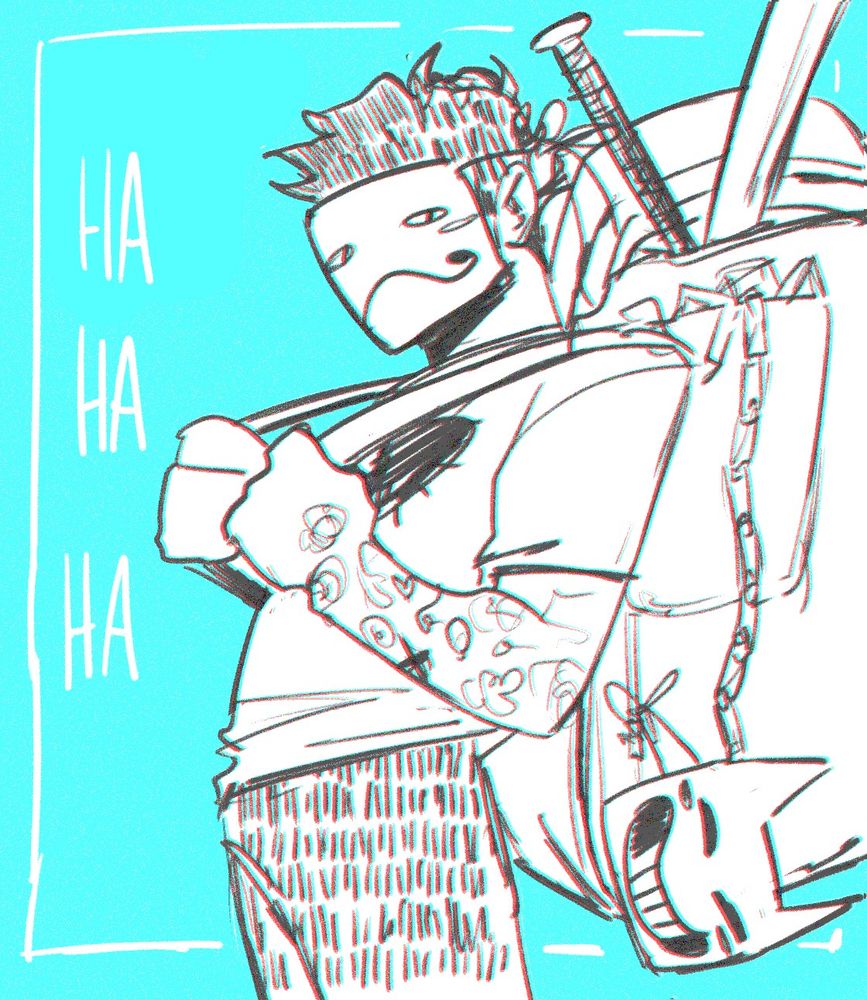 sketch of Zacharie from OFF carrying a bag full of merchandise such as tickets, bats and his iconic cat mask. 