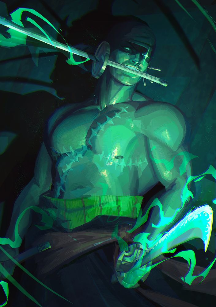 Painting of Roronoa Zoro in shades of green. He is wearing his Onigashima outfit, bandana tied over his head and robes tied on his waist showing his bare chest displaying two sets of scars, one going across his torso from shoulder to hip and another below his nipples.
He holds one sword on each hands and another in his mouth