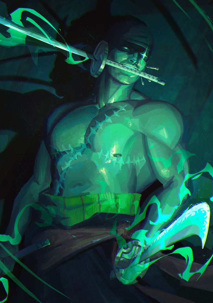 Illustration of Roronoa Zoro from One Piece under a green light.
He has his bandana tied on his head, shadowing his eyes, his scared eye shining. He is holding one sword in each hand and another in his mouth, all letting out crackles of power. He is shirtless, showing a scar going across his torso and another two under his chest (trans zoro implied). He has his post time skip clothes on below the waist.
