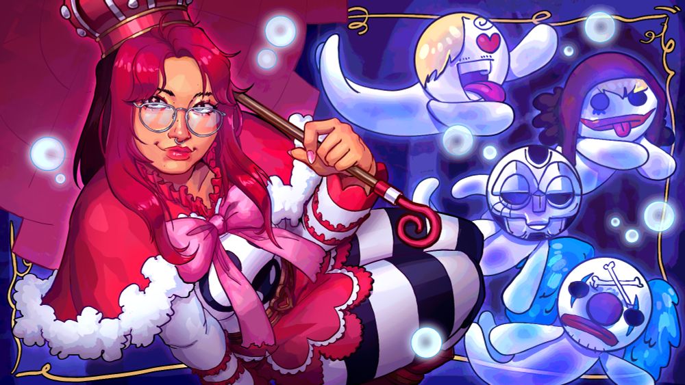 Painting of my girlfriend dressed as Perona from one piece. She has pink-ish red bangs and wears glasses. There are four ghosts floating near her of Sanji, Corazon, Jhin and Buggy.