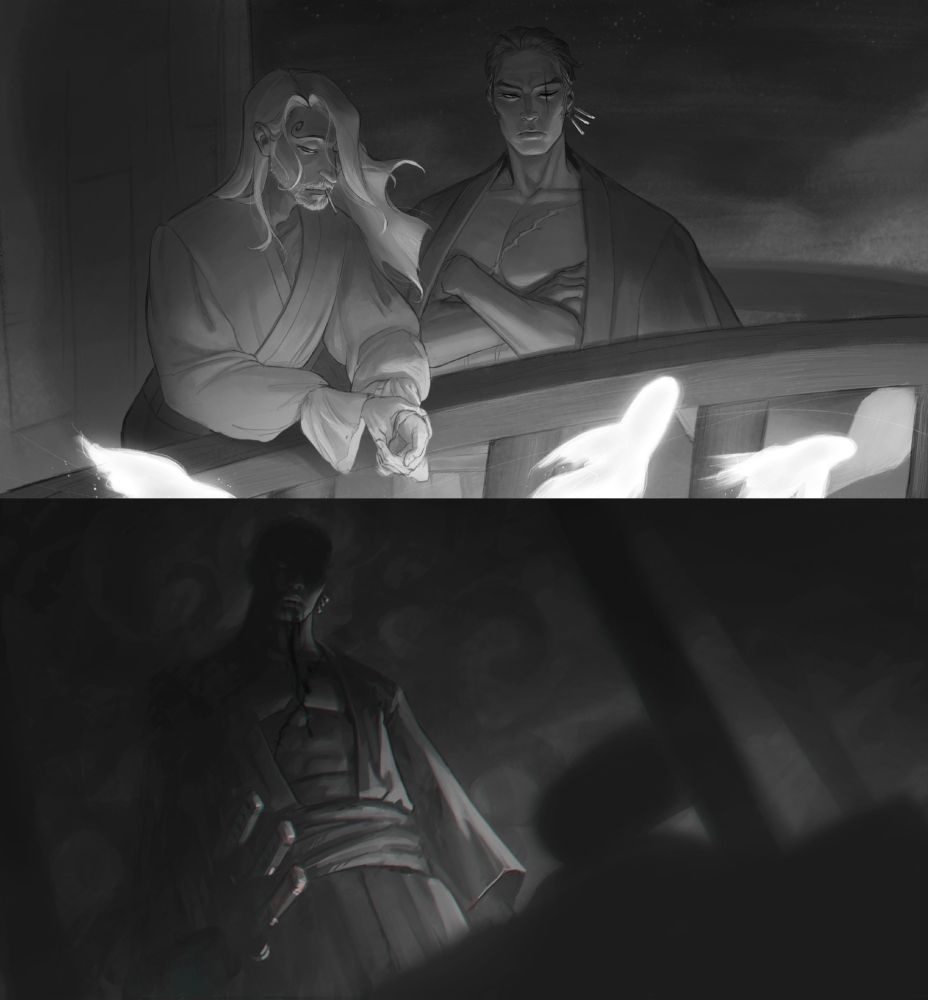 Two illustrations of Sanji and Zoro from One piece in their fourties in black and white. In the first image Zoro and Sanji stand by the ship's rails staring out at sea, from which glowing fish jump from. They look solemn. In the second image Zoro stands above Chopper's cot, looking down on him. There are shadows cast over his face and only part of it is visible. His mouth is slightly open and a black liquid dropps from it into his chest. The shadows around him twist and meld into his form like tentacles.