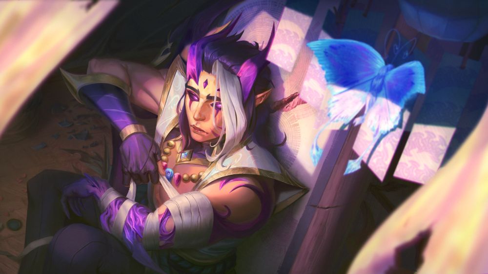 Painting of Varus in his Spirit Blossom skin. He is sitting down against a wall, signs of destruction all around him as he ties some bandages over his arms. He is looking up with curiosity at a blue glowing butterfly which has landed in one of the chimes hanging from the roof.