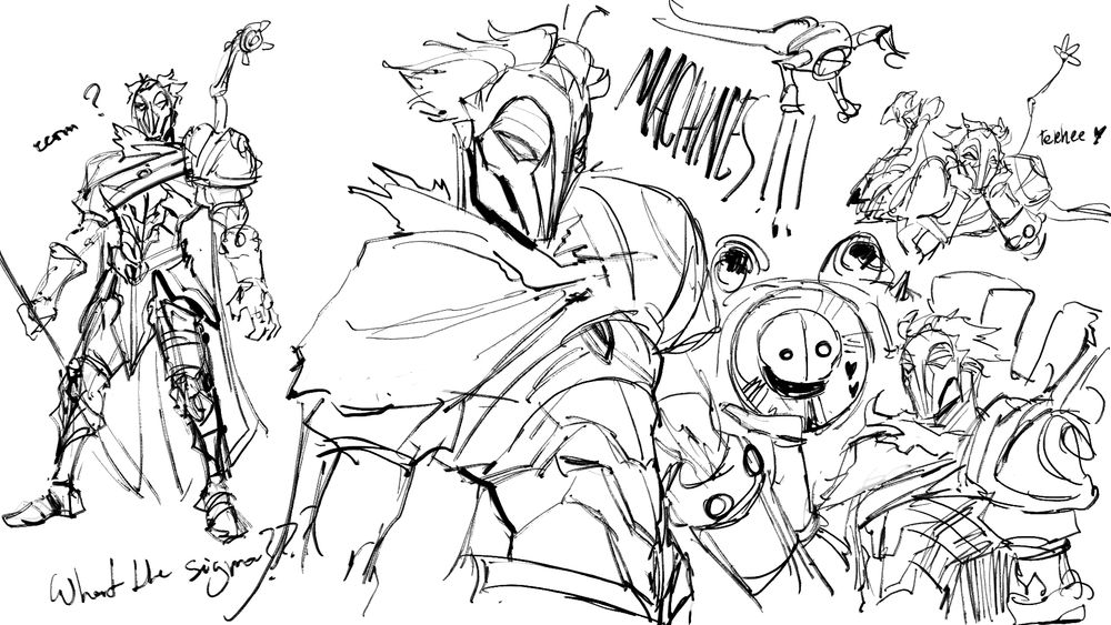 collection of sketches of Machine Herald Viktor. On the left is a full body shot of him standing with the text "ermm ?" next to him. It says "what the sigma???" below him. In the midle is a 3/4s waist up shot of him turned to the right next to a text that says "MACHINES!!!". On the upper right he is laying on his stomach, his feet crossed at the ankles behind him and head resting on his hands as he smiles, text next to him says "teehee <3". The last Sketch if of Viktor using one hand to present Blitzcrank, that stands behind him waving. He is letting out little hearts.