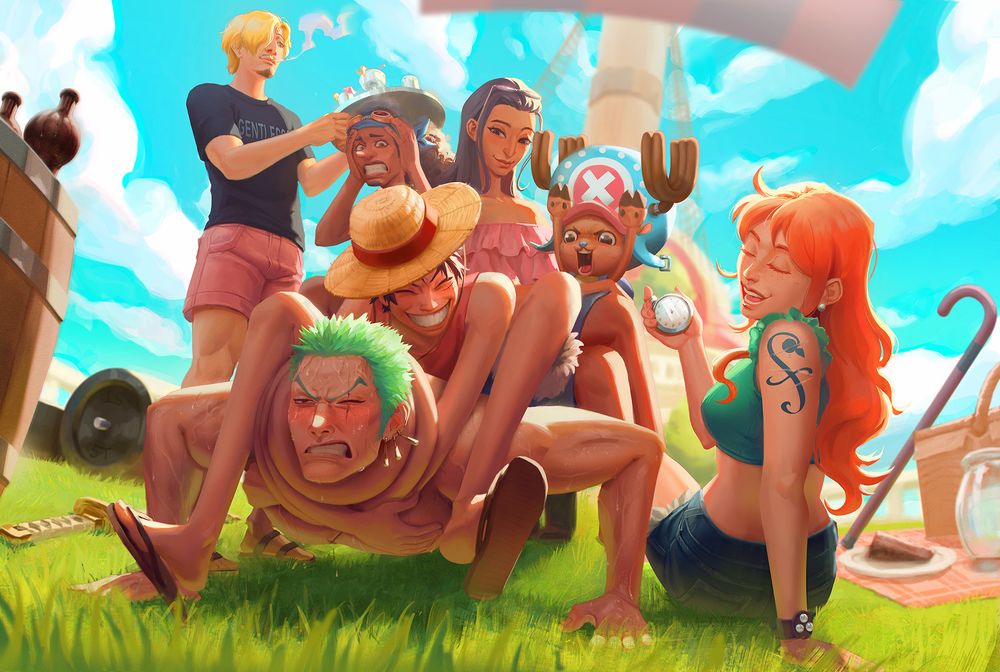 Painting of strawhats having fun under the sun. Zoro is doing pushups with Usopp, Luffy, Robin and Chopper sitting on him. Nami counts the time as he does so with effort. Sanji is putting a tray of drinks on top of Usopp who is freaking out. Chopper is cheering loudly while Robin observes with a smile. Luffy is wrapping his arms too tightly around Zoro's neck with enthusiasm.
