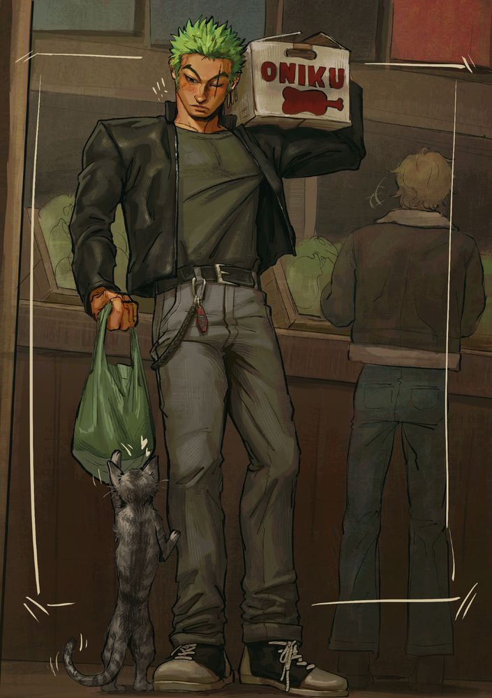 Roronoa Zoro from One Piece where a gray T-shit, a black leather coat, light grey jeans with a black chain and red key chain hanging from a black belt and black converse style shoes. He is holding a box labeled ONIKU on his left shoulder and a green plastic back on his right hand. A grey stripped cat is batting playfully at the bag. 
Behind them is a food stand with vegetables, and Sanji, turned away from the camera, perusing through the vegetables.