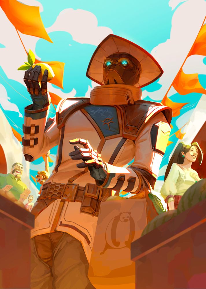 Painting of Cypher from Valorant shopping at some fruit stalls, the bright sunny skies behind him. He is picking a lemon up, a smile in his mask, a full bag of fruits and vegetables hanging from his other arm. Behind him we see Sage shopping with a smile, as well as Raze shouting excitedly at a stressed Brimstone, Clove smiling behing them.