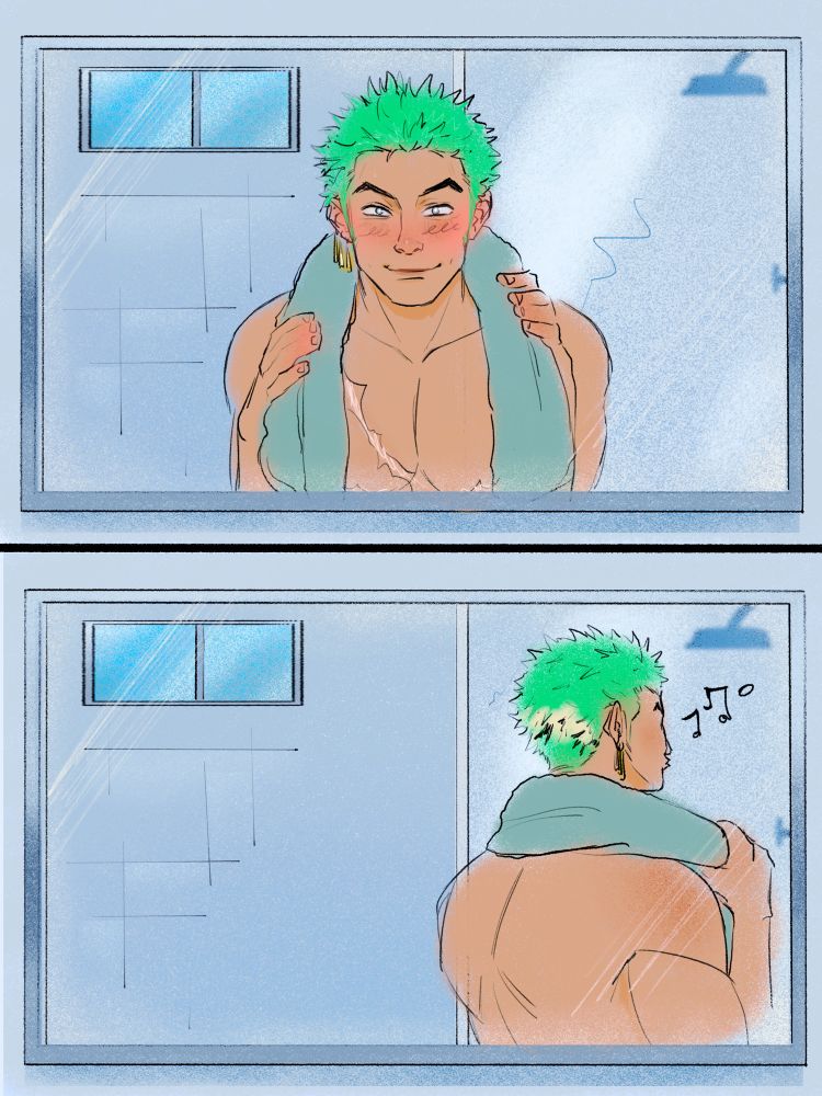 First panel shows Zoro smiling cutely with his hair fully dyed green, towel hanging over his shoulders. Second panel shows Zoro walking away while whistling, part of his hair on the back is undyed and unbleached.