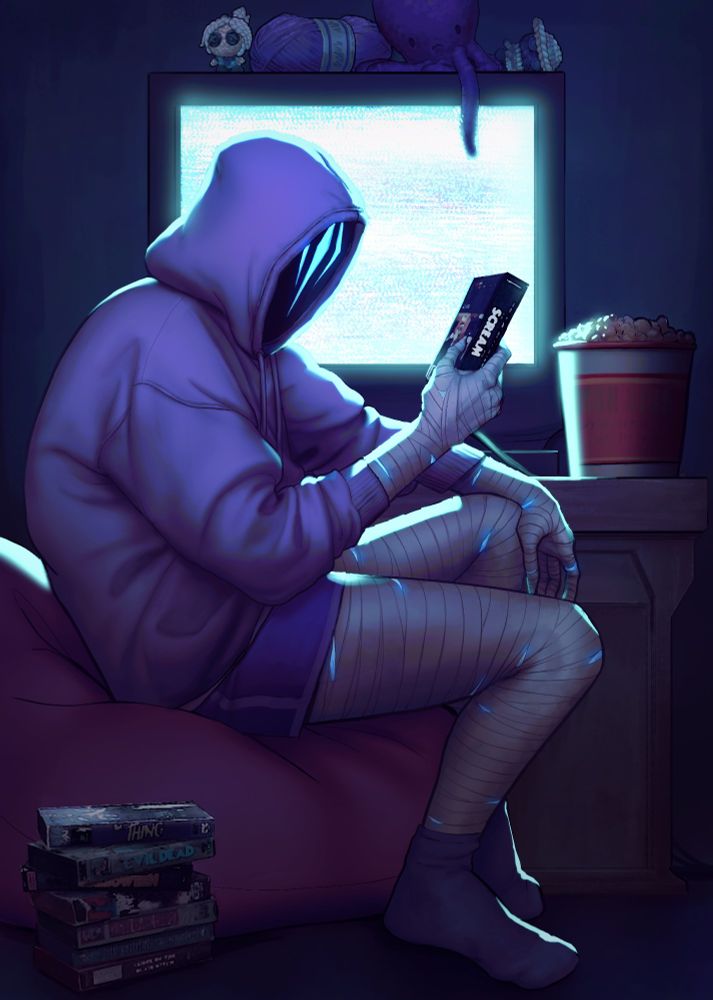 Painting of Omen from Valorant. He is wearing casual clothes^a purple hoodie, purple shorts and socks, his arms and legs wrapped in bandages. He is sitting in a pink bean back in front of a static Television with knitted plushies sitting on top. He is picking a movie from a pile of old VHS horror tapes.