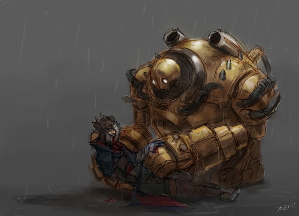 Sketch of Blitzcrank gently craddling Viktor on the floor under a soft rain. They crouch over Viktor, one hand supporting his back while the other rests over a wound on his body. Viktor's mask is broken, he has one arm over his wound and another resting on top of Blitzcrank's hand gently. He is bleeding out.