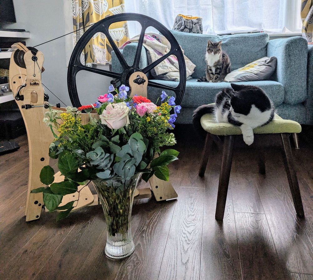 A colourful bouquet of flowers in a large vase sits on the floor in front of a huge modern spinning wheel. On the right, a tuxedo and a tabby cat glare in disgust at being photo props