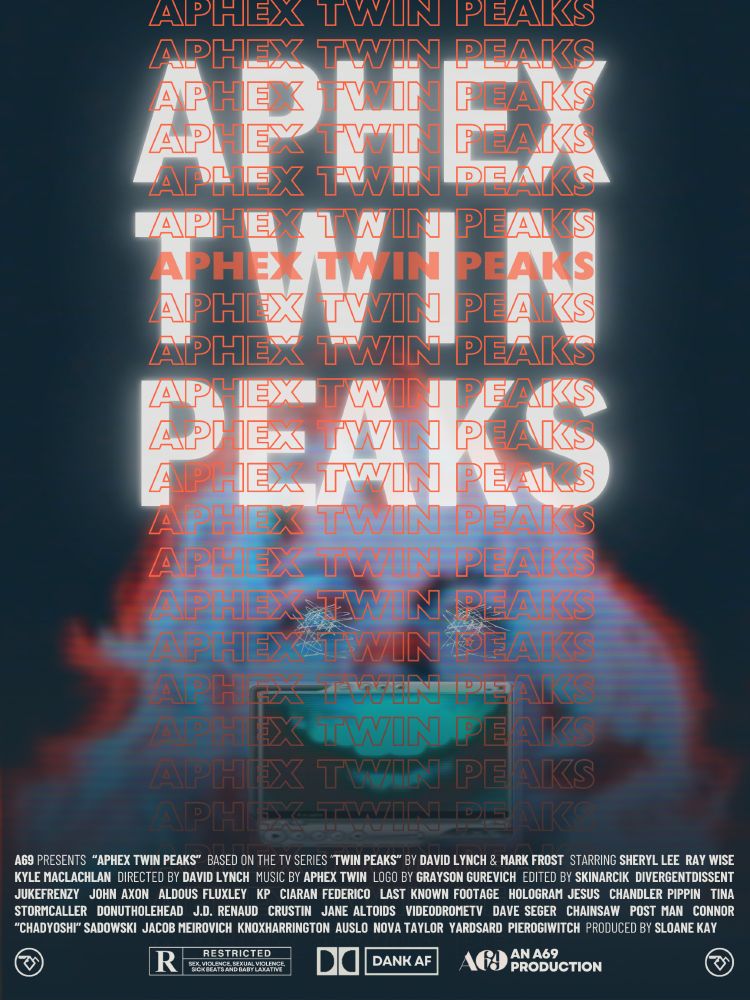 Movie poster for Aphex Twin Peaks, a pair of weird glitch video remix edits of both the Twin Peaks pilot and Fire Walk With Me, to music from Richard D James aka Aphex Twin.

Light blue photo of Laura Palmer with RGB shift and whited-out eyes atop a navy blue background. RDJ's smile from the Come To Daddy Music video is on top of her mouth, encased in a 2000s WMP window. Layered atop this is a red "THANK YOU" grocery bag-style repetition of the title above the title in neon white. At the bottom of this is a movie poster-style credits list including the 26 editors who each have a segment in the film.

Poster designed by Sloane Kay.