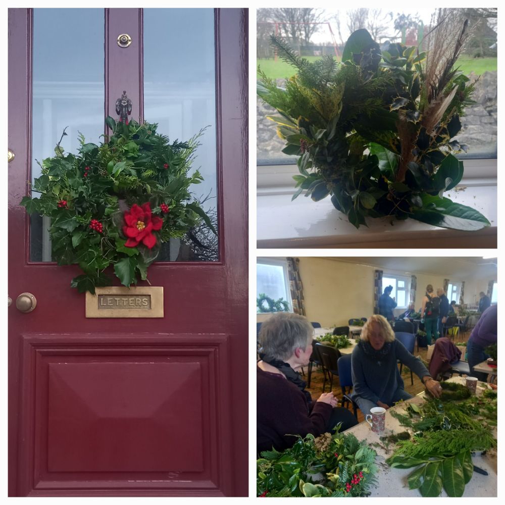 Christmas wreath with felt poinsettia on the front door. Wreath with feathers and a final pic of the process 