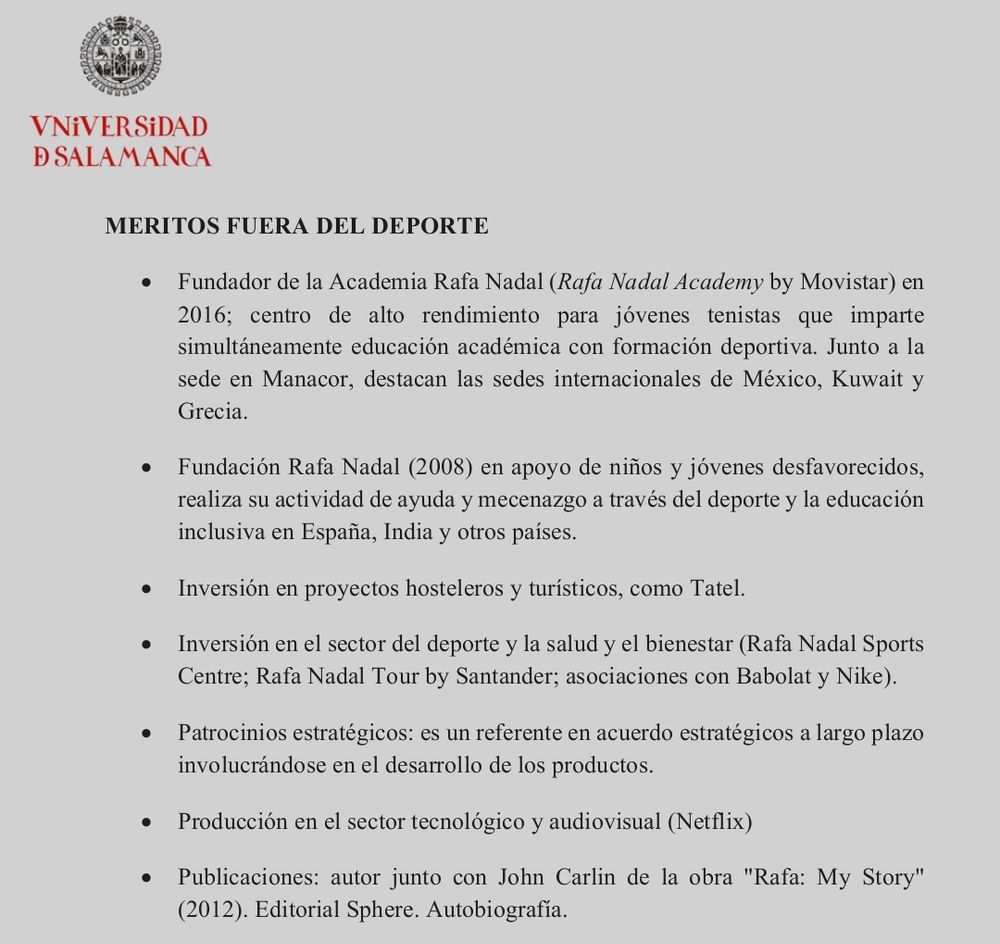 Fragmento de la propuesta de concesión del doctorado honoris causa a Rafael Nadal por parte de la Universidad de Salamanca.