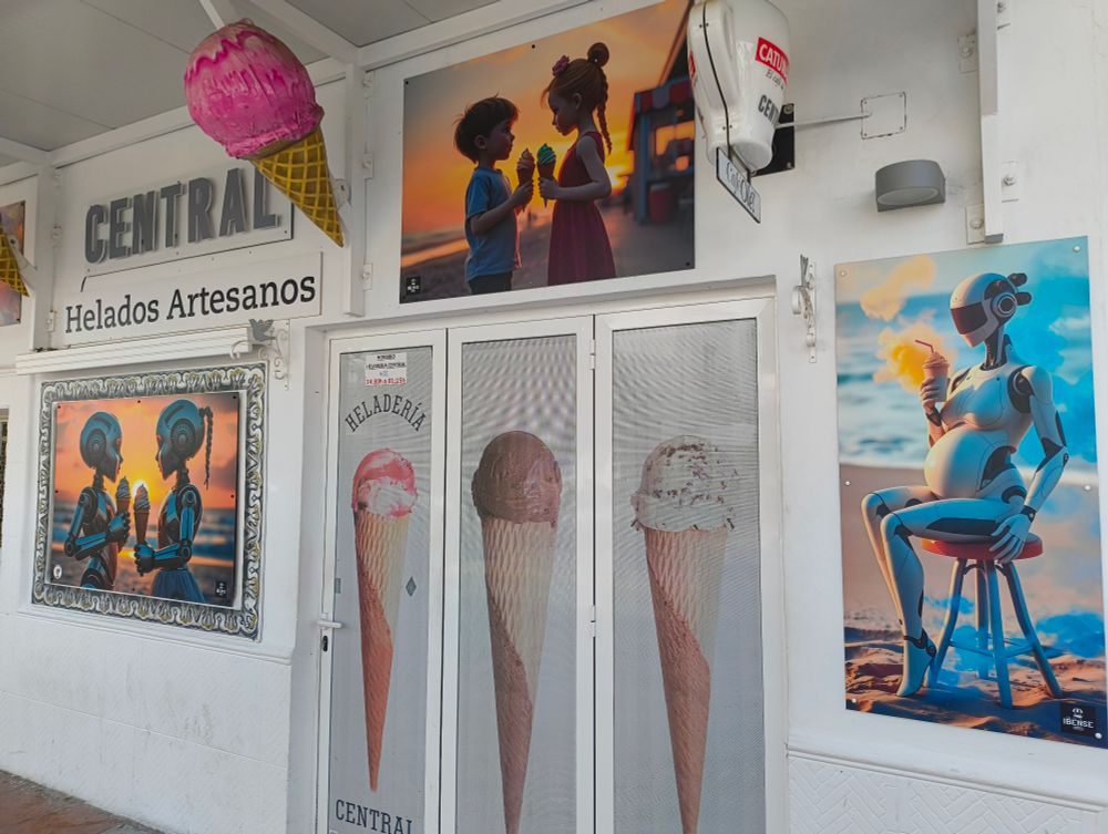 Fachada de una heladería decorada con grandes posters generados con IA. Varios de ellos representan robots comiendo helado. Uno de ellos un robot con rasgos femeninos y embarazado. Da mucho Cringe.