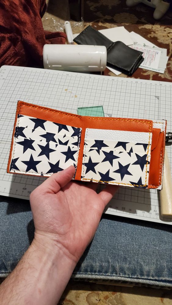 the inside card holders of a leather wallet.