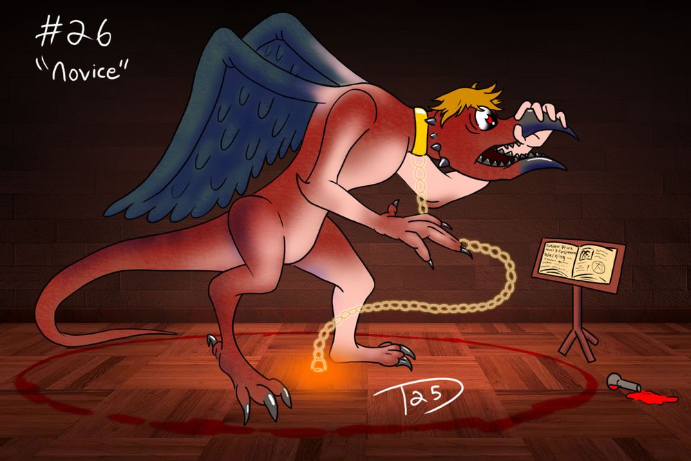 A person turning into a Vrock from D&D while standing in a poorly made circle of blood. A spellbook page is open to Conjure Vrock.