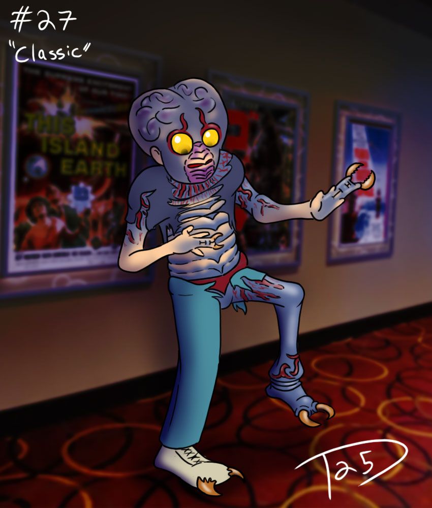 A person turning into the Metaluna Mutant from This Island Earth in a movie theater hallway.