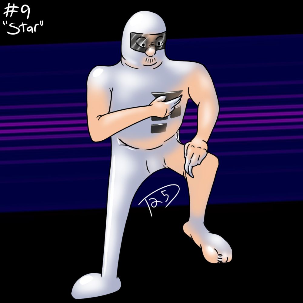 A person turning into a Starman alien from Earthbound in front of a purple and indigo background