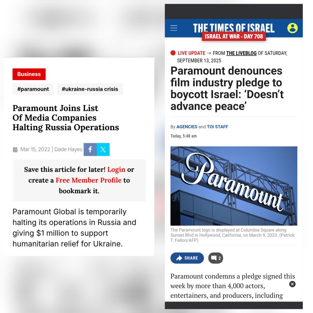Screenshots of two news articles: one where paramount joins list of companies halting Russian projects in protest of Ukraine invasion, and a second screenshot of a news story where paramount denounces boycott of Israel claiming boycotts don't work.
