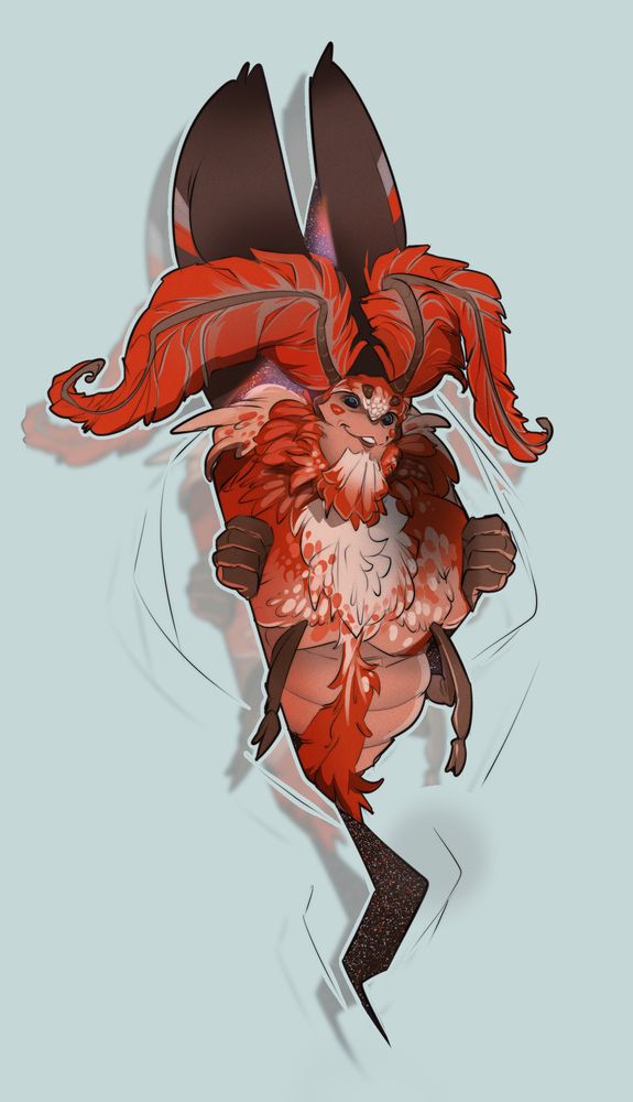 Red and white anthro moth man coming through a gap in the paper as if he's breaking through the screen