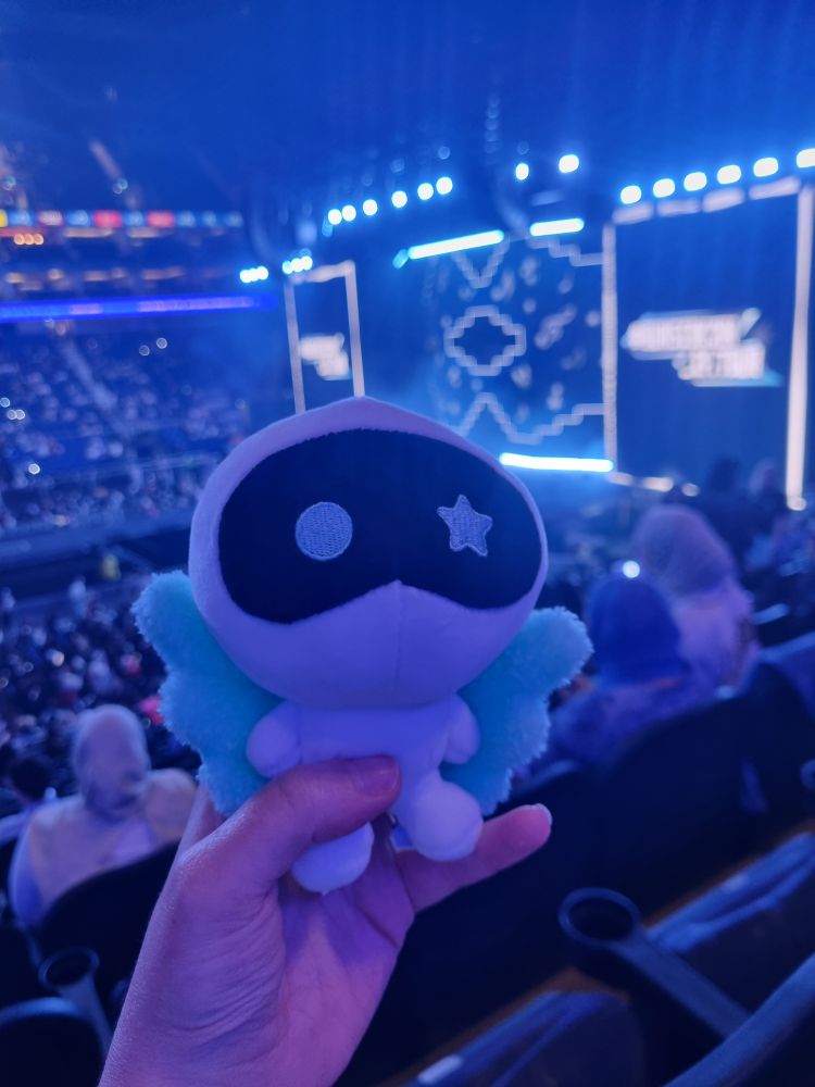 A Wootteo doll being held up inside the O2 arena at Run Seokjin tour, day one.