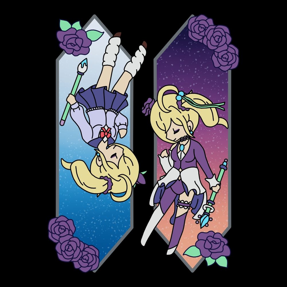 School Girl & Magical Girl forms of Oceo in opposite and inverted positions facing each other on a prism background with roses