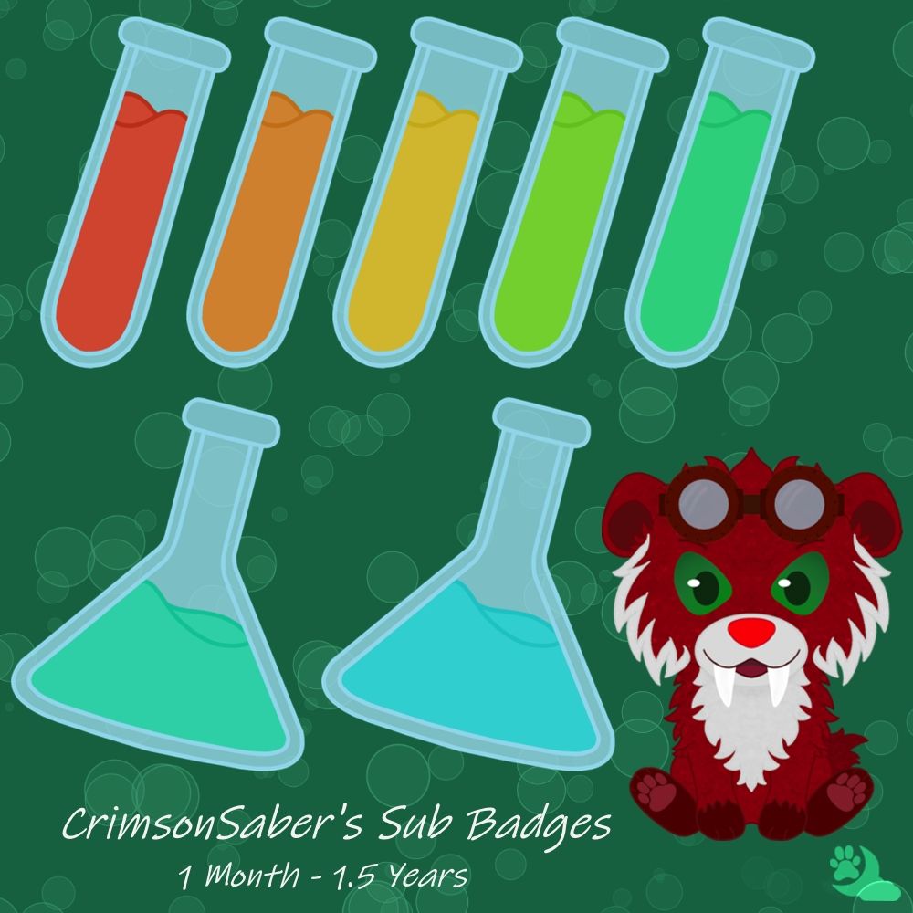 Twitch sub badges for CrimsonSaber. 5 test tubes and 2 flasks filled with liquid, all in different colours.