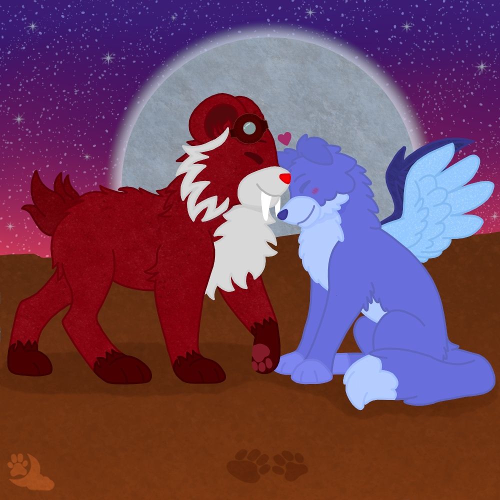Red and White sabertooth and blue/purple winged wolf in front of a moon, with pawprints in the dirt