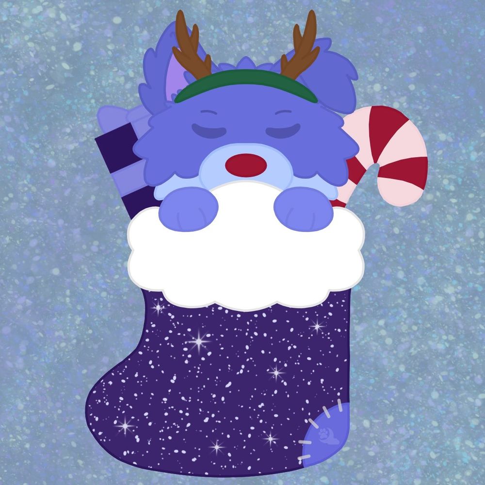 Blue wolf wearing reindeer antlers poking out of stocking with present and candy cane