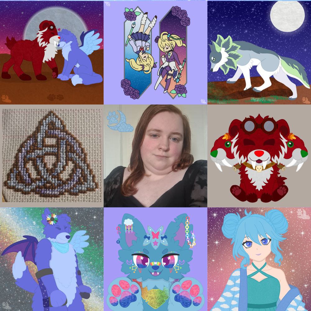 [Left to right, top to bottom] valentines art of crimson and Shia, oceo bday art, artfight for Mossgerm, celtic knot cross-stitch, photo of me, Fangberus: crimson png for Hades, Shia disability pride art, niji pride decora oc, human kumo oc art